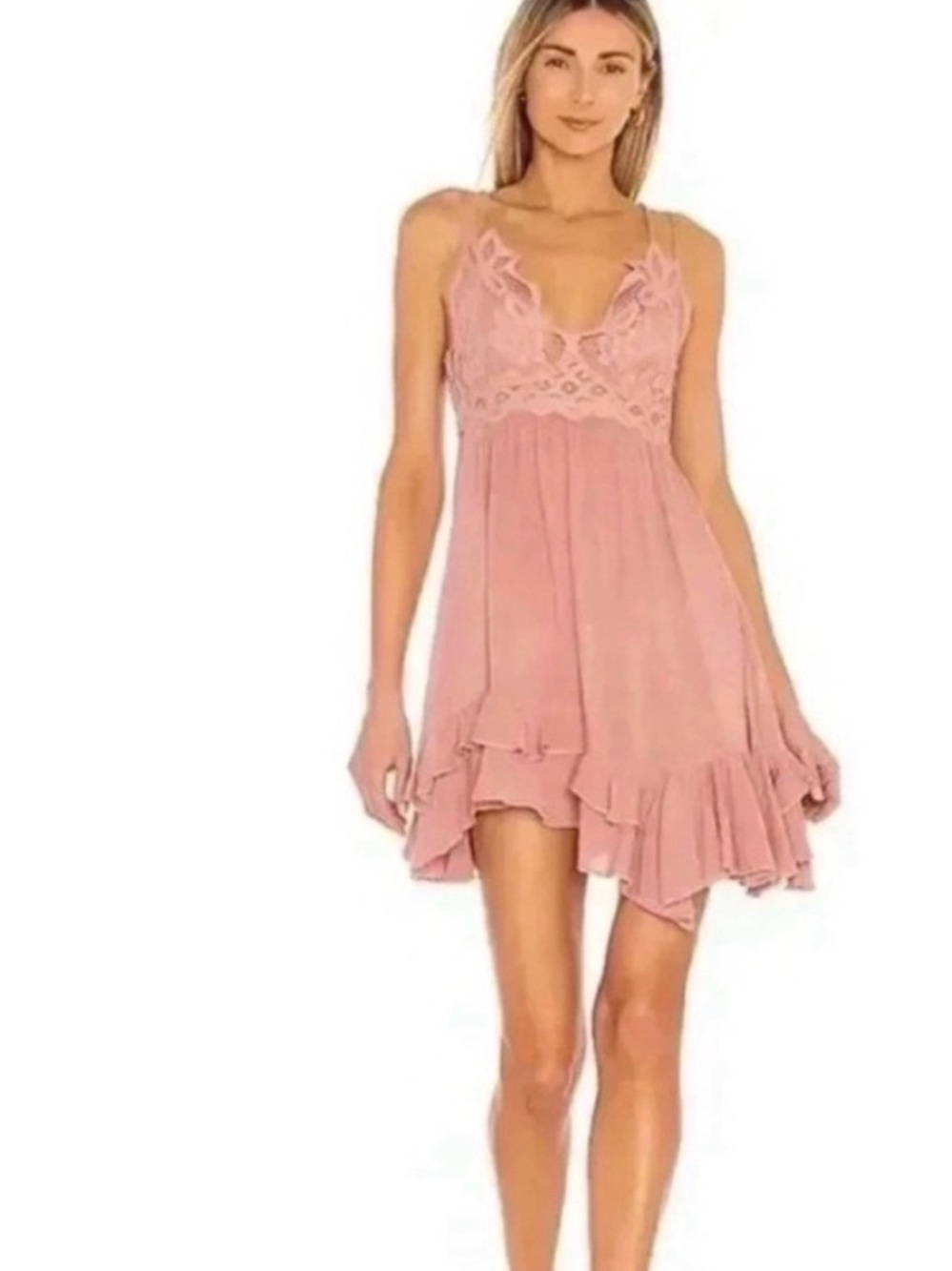 Free People Adella Dusty Pink Lace-Trim Ruffle Babydoll Chemise